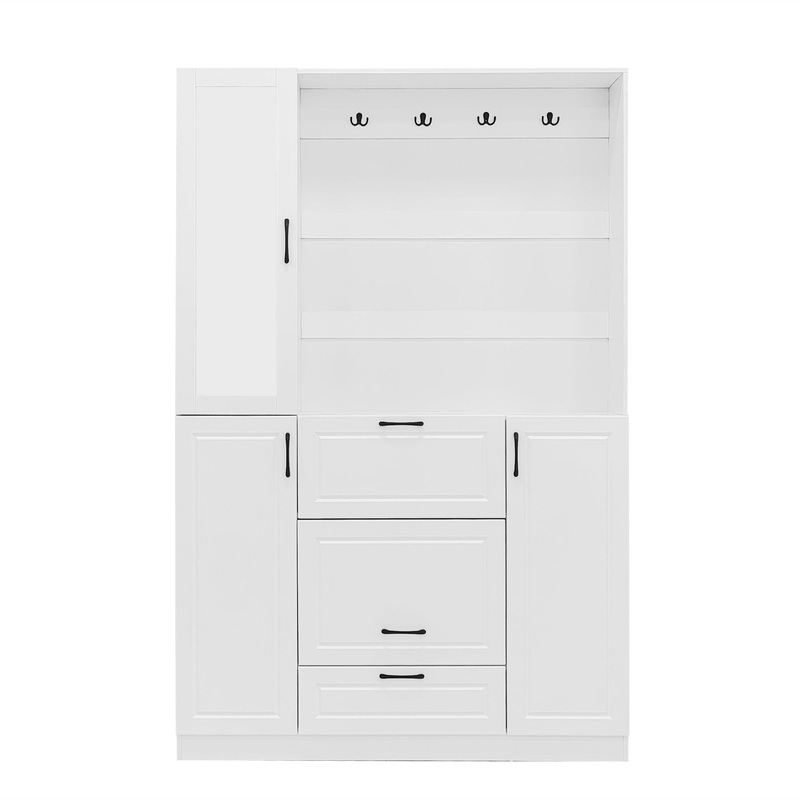 Entryway Bench With Integrated Shoe Cabinet, 3 In 1 Design And Mirrored Cabinet Door, Hall Tree With 4 Sturdy Hooks And Foldable Seat For Entrance, Living Room – White
