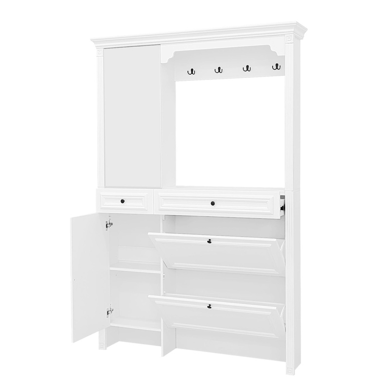 Hall Tree With Integrated Shoe Cabinet And Mirrored Cabinet Door, Coat Hanger, Entryway Bench, 4 In 1 Design, 2 Flip Drawers, 4 Hooks And 2 Cabinets For Entrance, Living Room – White