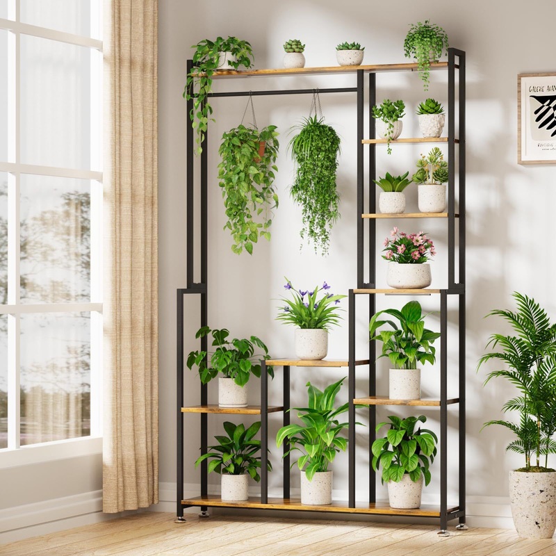 Large Plant Stand Indoor With Grow Light, Tall Plant Shelf, 8 Tiered Heavy Duty Metal Plant Stand, Square Flower Stand Display Rack For Living Room – Walnut / Black