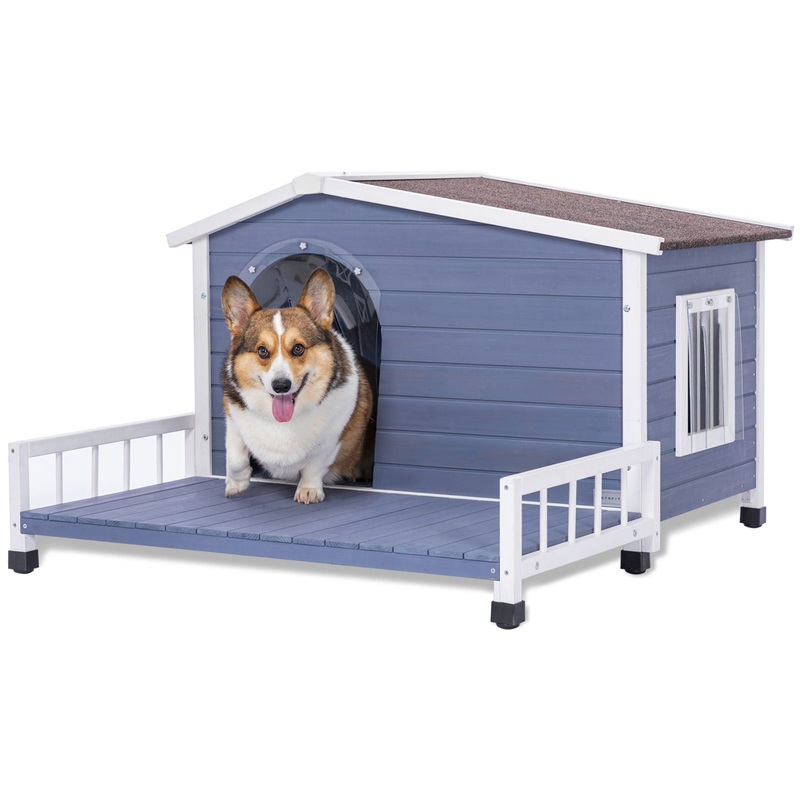 Large Wooden Dog House Indoor Outdoor With Terrace And Open Waterproof Asphalt Roof, Outdoor Dog House With Raised Floor, Windows And Door Curtains, Suitable For Small And Medium Dogs – Gray