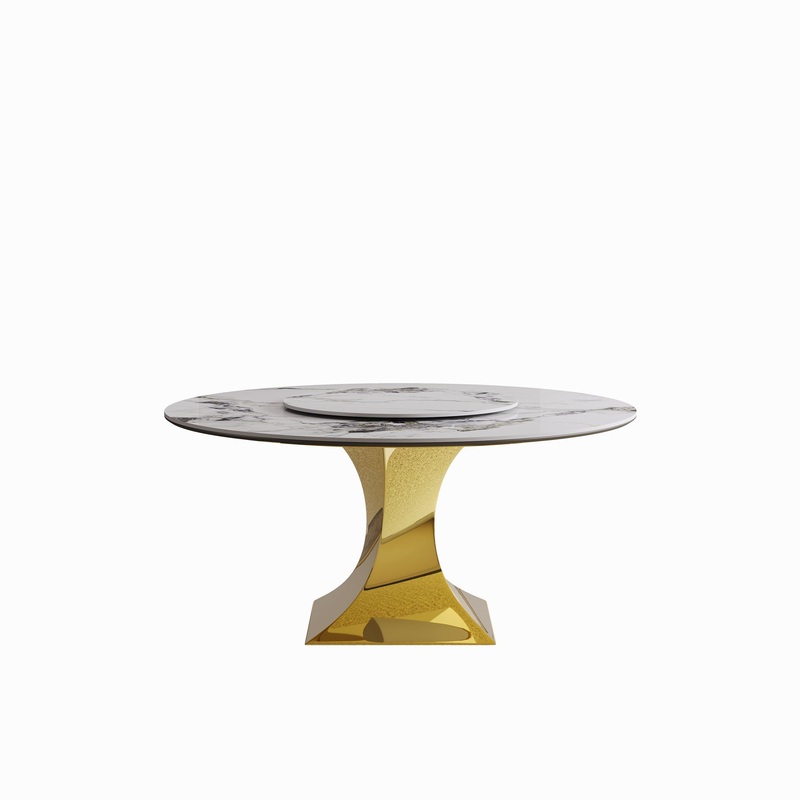 Luxury Round 59 Sintered Stone Dining Table With Stainless Steel Hourglass Base, Scratch & Heat Resistant Surface – Golden / White