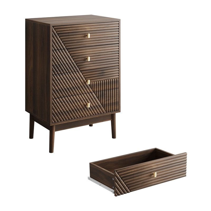 Modern 4 Drawer Dresser Chest For Living Room, Bedroom, Corridor Wooden Storage Cabinet – Walnut