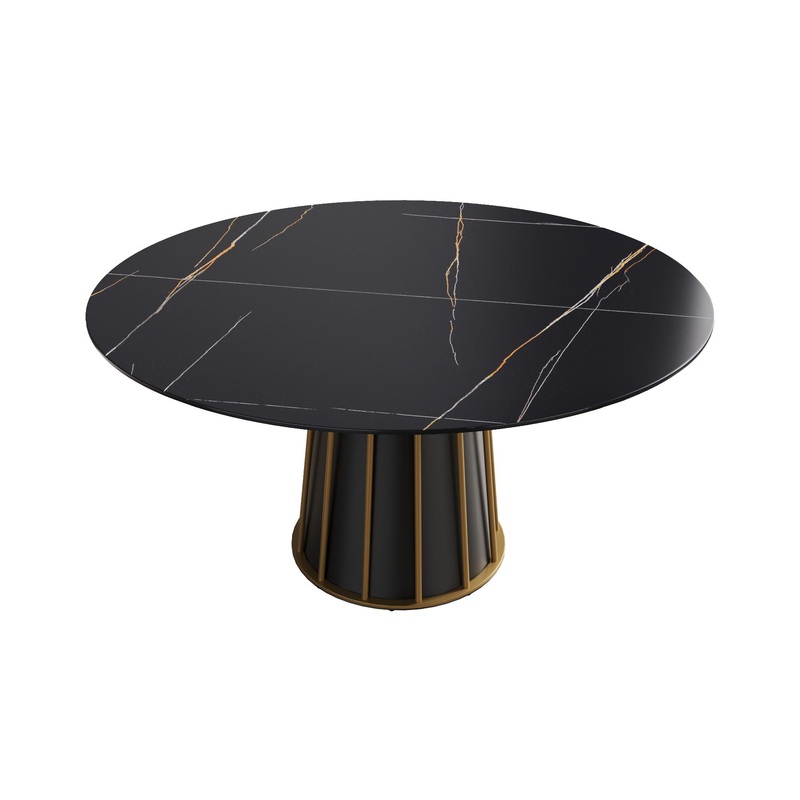 Modern Artificial Stone Round Metal Iron Base Dining Table, Can Accommodate 8 People, (Not Including Chairs) – Black