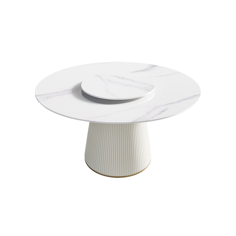 Modern Artificial Stone Round Plywood Base Dining Table, Can Accommodate 6 People, Artificial Stone Turntable (Not Including Chairs) – White / Beige
