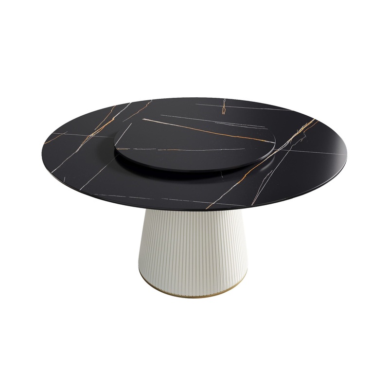Modern Artificial Stone Round Plywood Base Dining Table, Can Accommodate 8 People Artificial Stone Turntable (Not Including Chairs) – Black / Beige