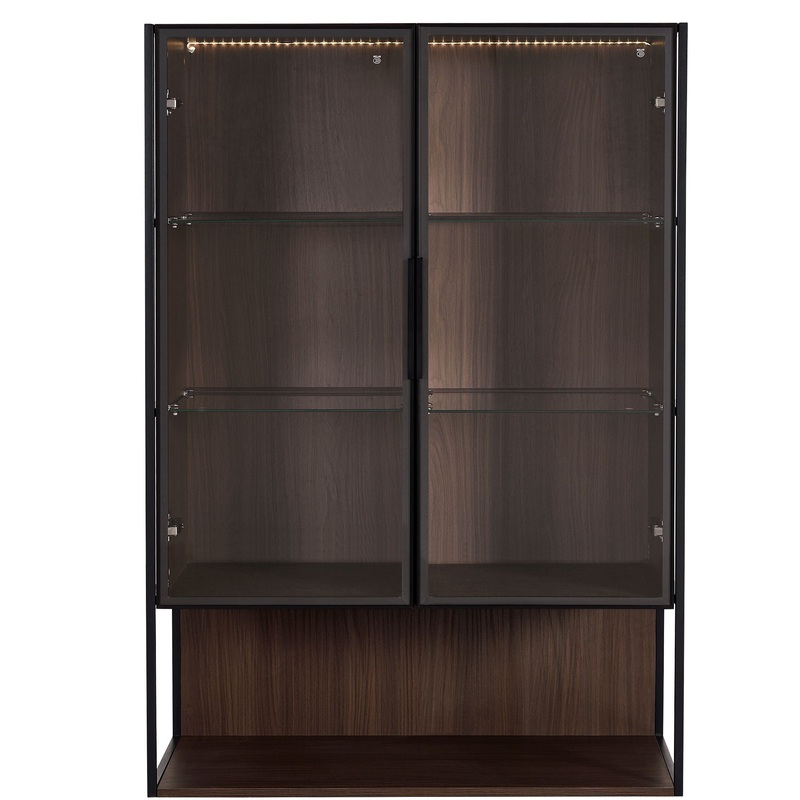 Modern Minimalist Tall Lighted Display Cabinet With Tempered Glass Door – Black / Dark Walnut