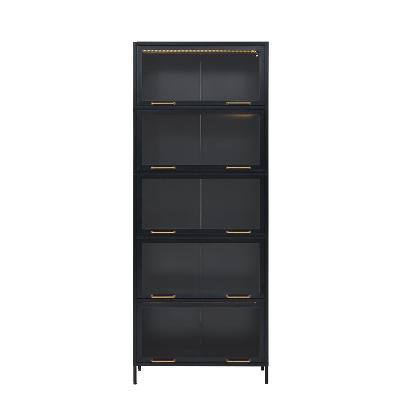 Modern Steel Display Cabinet With Glass Doors And LED Lights, 5 Tier Steel Barrister Bookcase For Home Or Office – Black