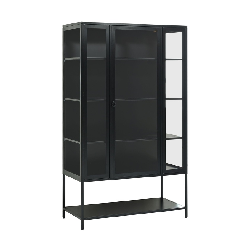 Modern Steel Display Cabinet With LED Lights And Glass Door For Home Or Workspace – Black