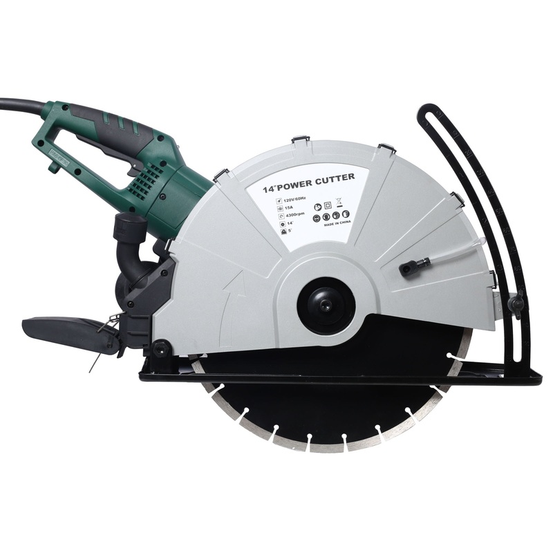 Portable Electric Corded Circular Concrete Saw 14 Wet / Dry Cutter 2600W Green Steel With Water Line & Guide Roller – Green