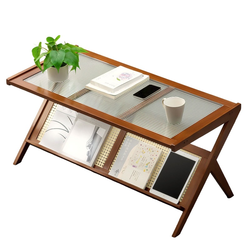 Rattan Coffee Tables For Living Room, Mid Century Modern Coffee Table With Glass Top, Large Boho Center Table With Storage – Brown