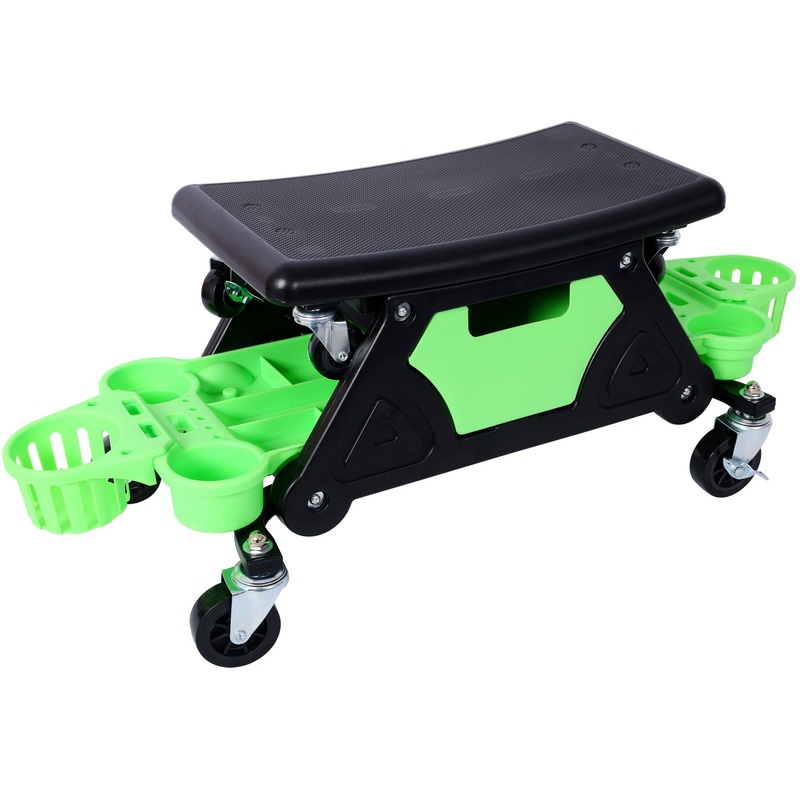 Rolling Detailing Creeper Seat With Wheels, Removable Tool Trays, 300 Lbs Capacity – Green