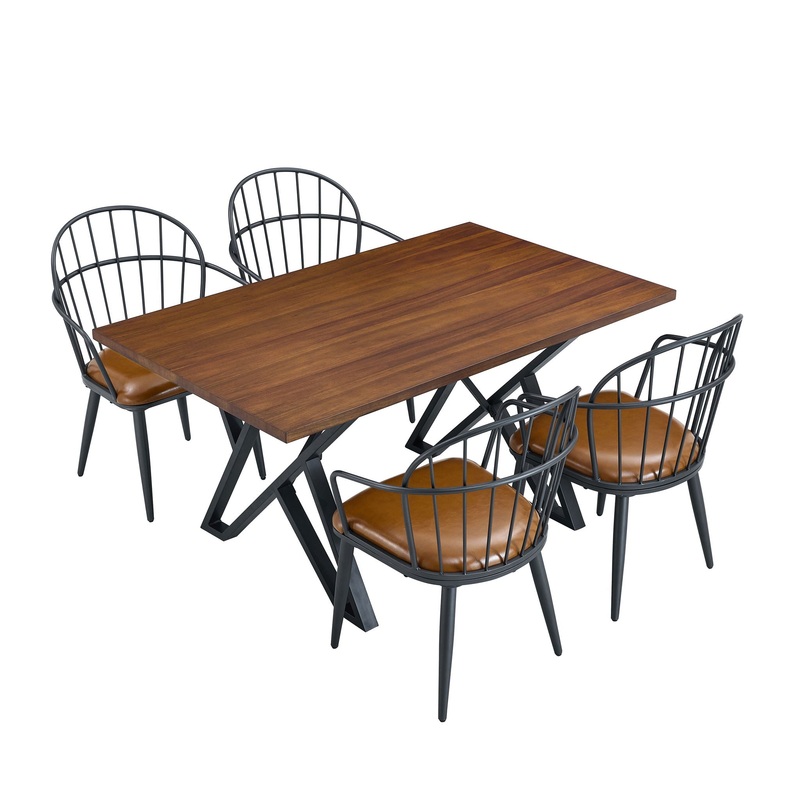 5 Piece Industrial Style Indoor Upholstered Dining Set With Metal Legs – Brown