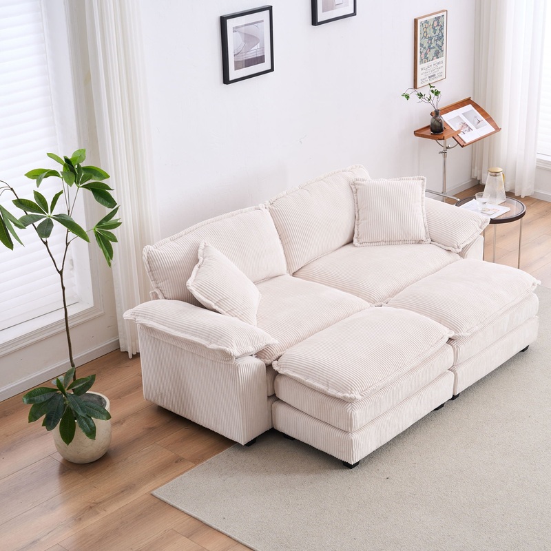 Corduroy 2 Seats Sofa With 2 Back Pillows, 2 Toss Pillows And 2 Ottoman