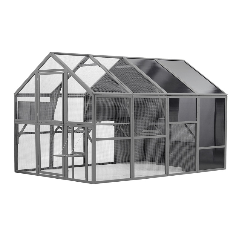 Luxury Cat Cage Outdoor Wooden Catio Enclosure Patio Large Cat Run House For Multiple Pets Walk In Kitten Kennel With Bouncy Bridge, Platforms, Small Houses, Seating And Sunshine Panel – Gray