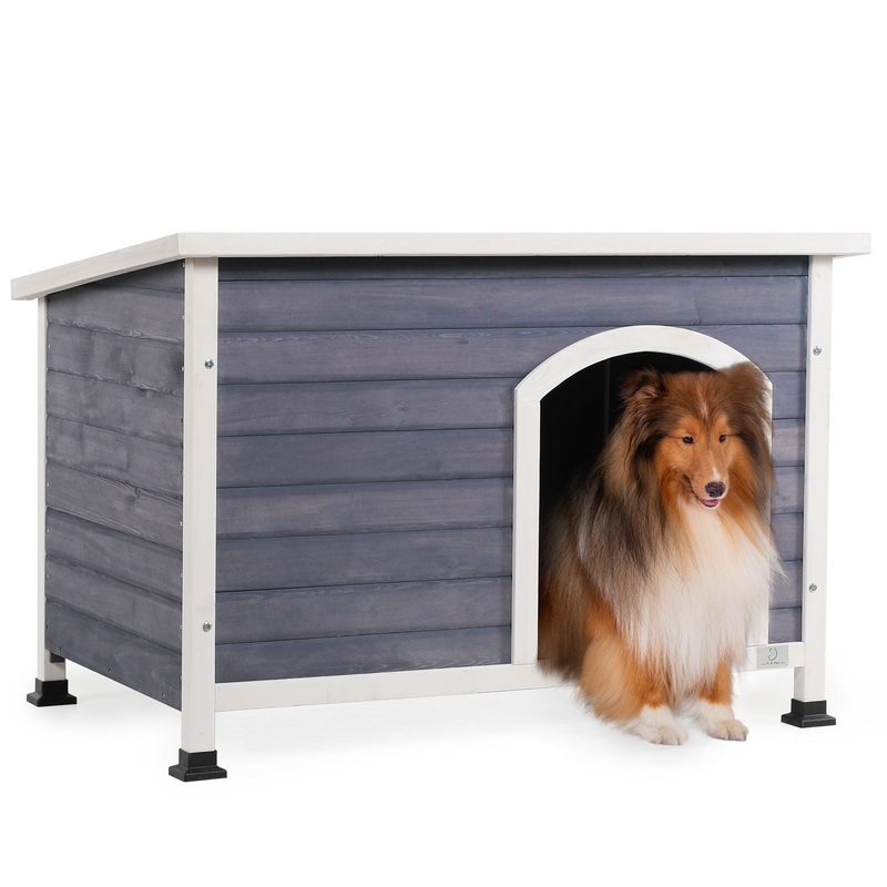 Medium Wooden Outdoor Dog House, Waterproof Roof, Elevated Floor – Gray