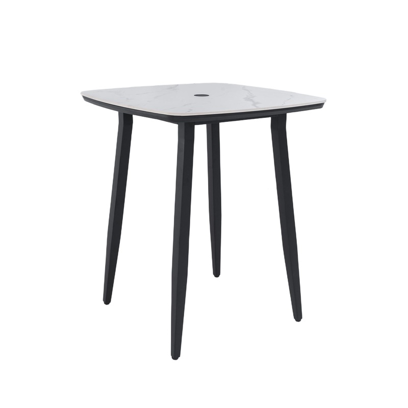 Modern Outdoor Bar Table, Rounded Square Sintered Stone Top With Umbrella Hole, Rust Free Frame, Weatherproof – Ember Black / White