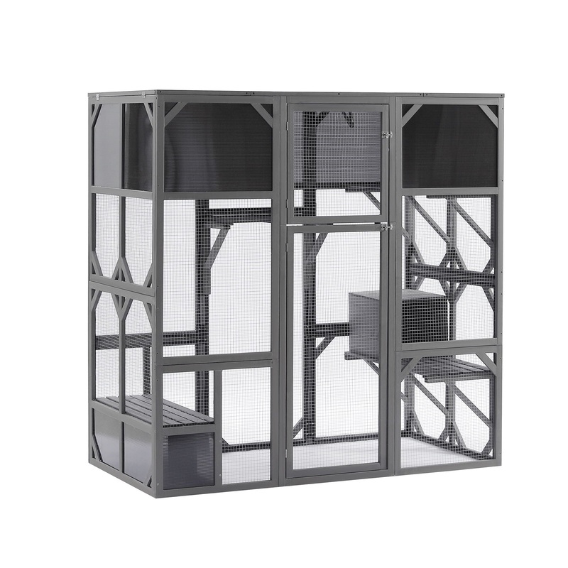 Outdoor Wooden Cat House Catio Enclosure With Super Large Enter Door Cat Kennel With Bouncy Bridge, Platforms And Small Houses Walk In Kitten Cage With Sunshine Board – Dark Gray