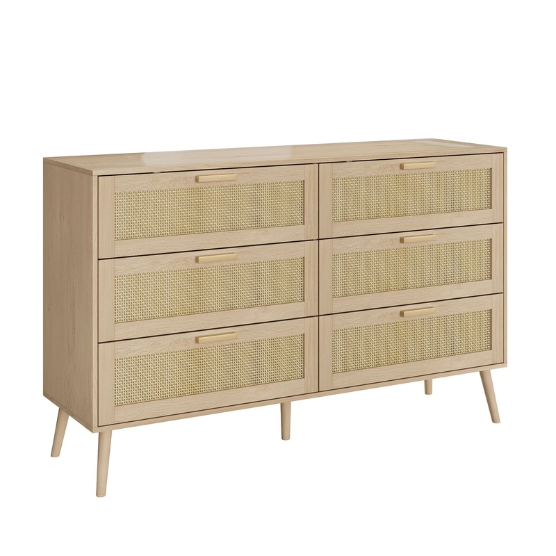 Rattan 6 Drawers Chest Of Dressers For Bedroom, Modern 6 Drawer Dresser, Wide Chest Of Drawers With Wood Handles, Rattan Dresser Storage Cabinet For Living Room, Bedroom, Hallway – Natural Wood / Oak