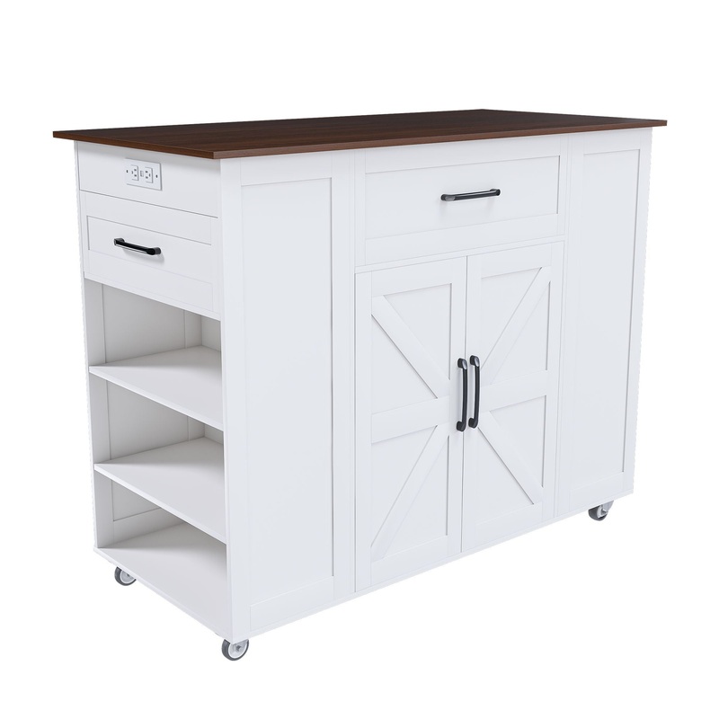 Rustic Movable Kitchen Island On Wheels With Storage & Power Outlet – White