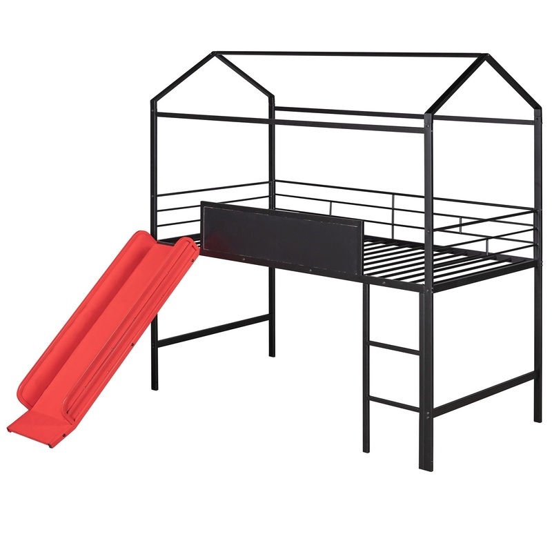 Twin Metal Loft Bed With Slide And 2 Sided Writable Wooden Board – Black