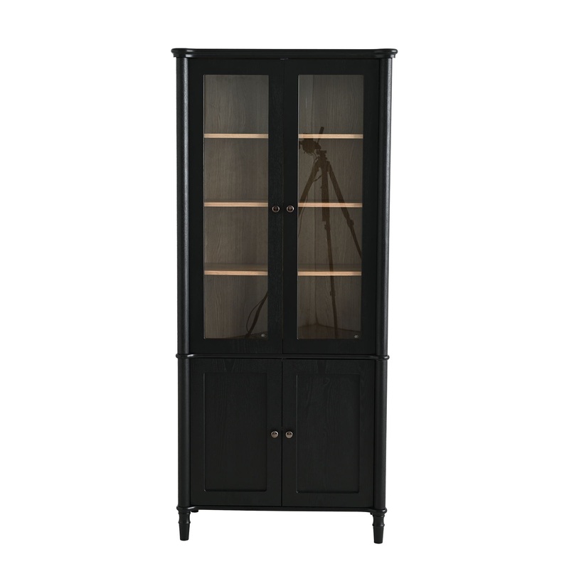 Vintage Display Cabinet With Double Glass Doors, Traditional Style For Collectibles, Ash Wood Veneer, 73.25 Tall – Black / Natural