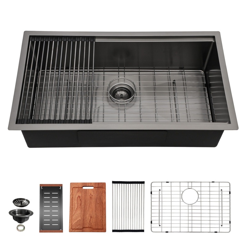 Workstation Kitchen Sink, Single Bowl Undermount 16 Gauge Stainless Steel – White