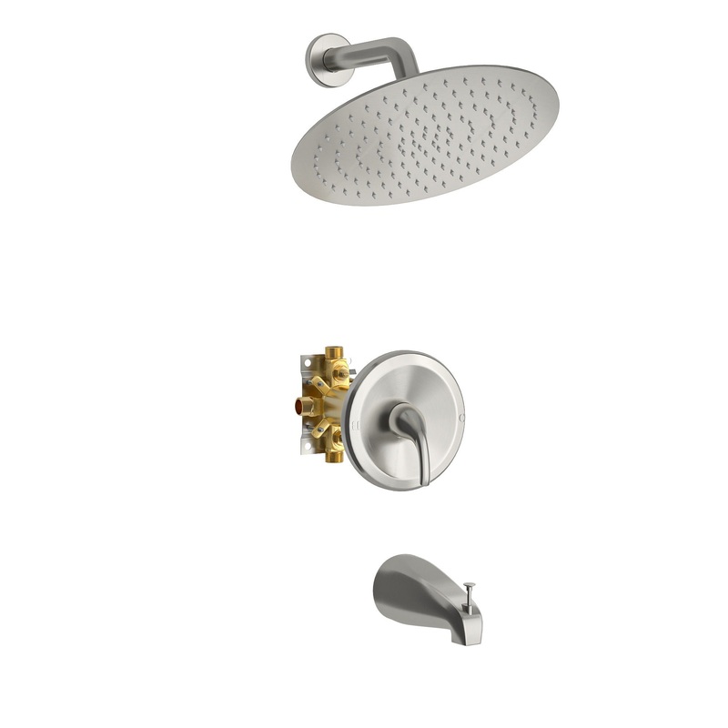 10 Round Rain Shower Head System With Waterfall Tub Spout, Wall Mounted, Stainless Steel