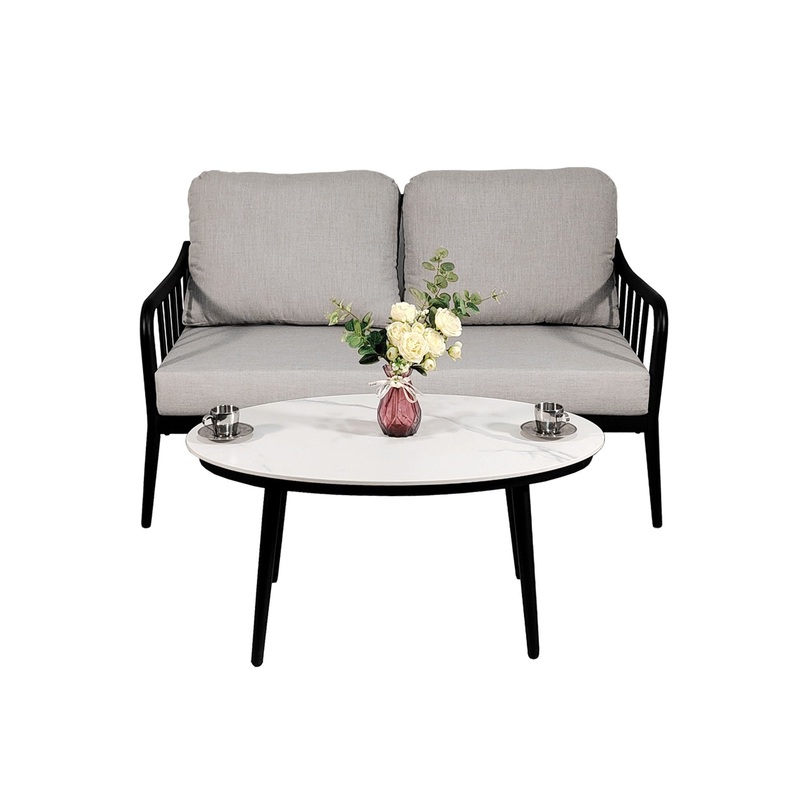 2 Piece Outdoor Patio Furniture, Modern Loveseat Sofa Conversation / Chat Set, Sunbrella Cushions And Oval Coffee Table – Ember Black
