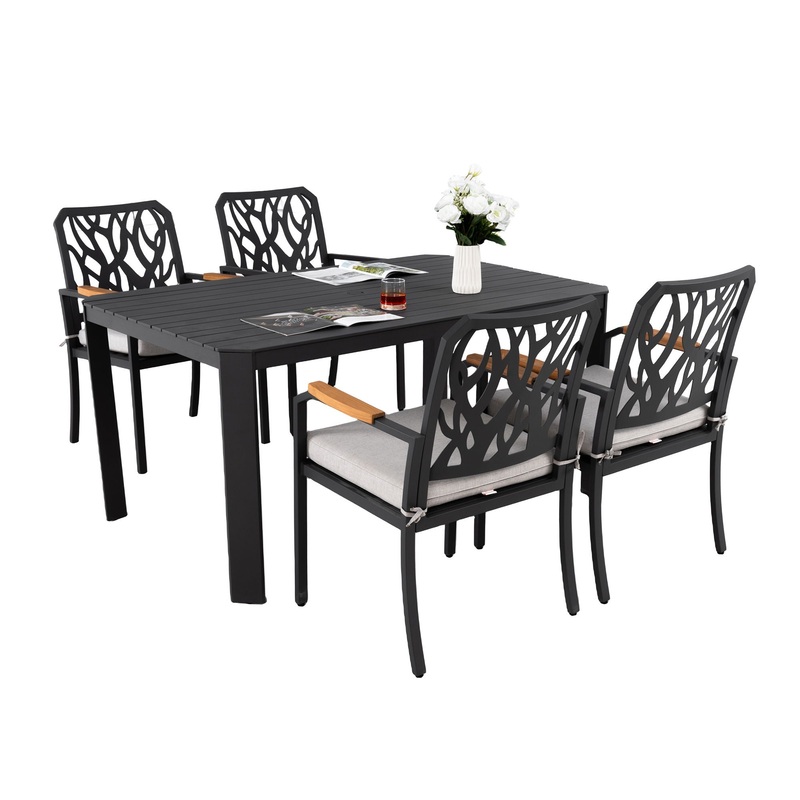 5 Pieces Outdoor Patio Aluminum Furniture Set, Rectangular Table With Umbrella Hole – Bourbon Brown