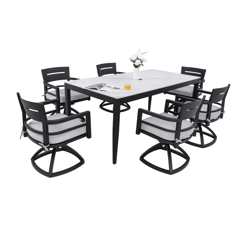 7 Piece Modern Outdoor Patio Dining Set With Table And Swivel Chairs Rockers With Sunbrella Cushions – Ember Black / White