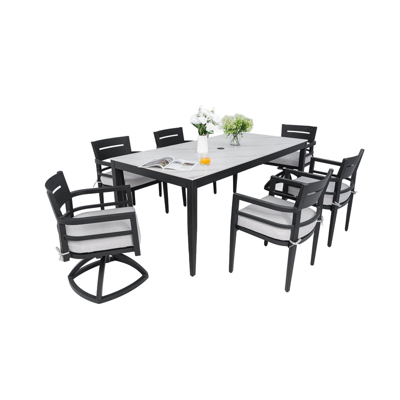 7 Pieces Modern Outdoor Patio Dining Set, Rectangular Dining Table, 4 Chairs & 2 Swivel Rockers, Sunbrella Cushions – Ember Black / White