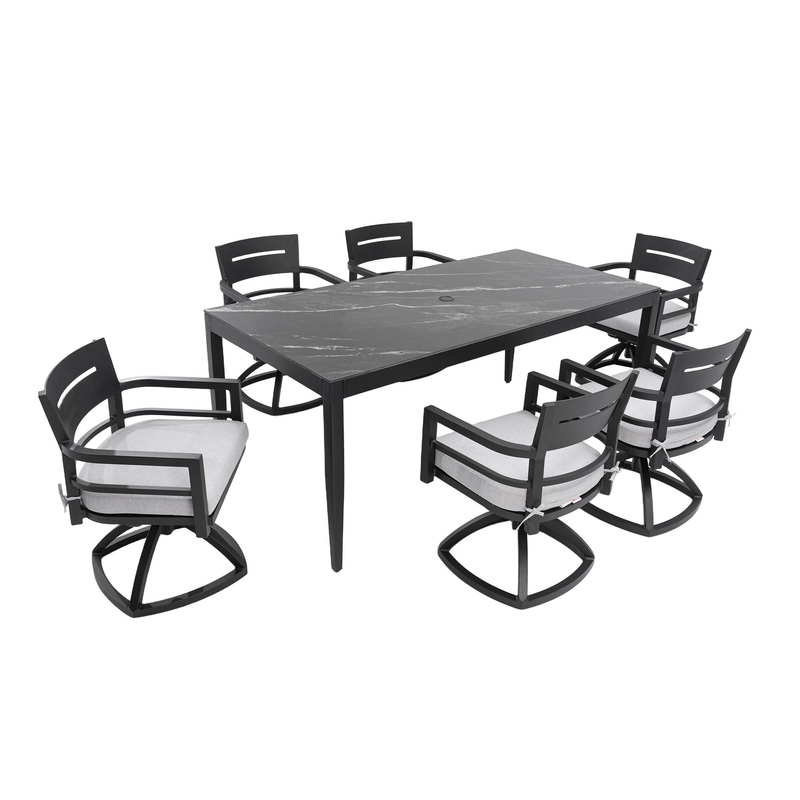 7 Pieces Modern Outdoor Patio Dining Set, Rectangular Dining Table, 6 Swivel Rockers With Sunbrella Cushions – Ember Black