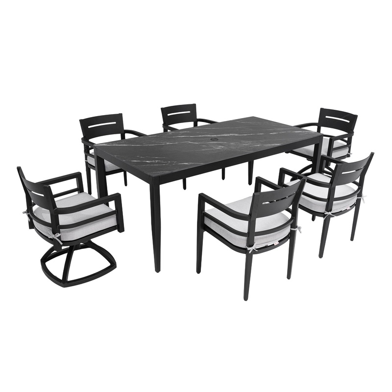 7 Pieces Modern Outdoor Patio Dining Set, Rectangular Table, 4 Chairs & 2 Swivel Rockers, Sunbrella Cushions – Ember Black