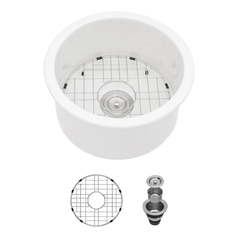 Ceramic Circular Kitchen Sink With Drain Assembly And Bottom Grid, 18 Dual Mount – White