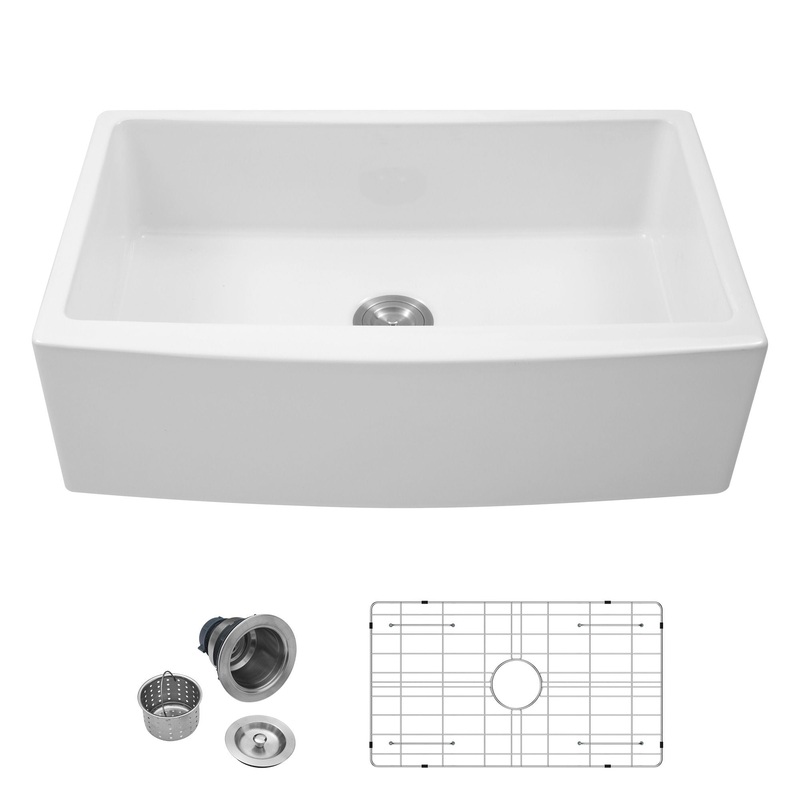 Elegant Farmhouse Sink 33 Ceramic Arch Edge Apron Front Single Bowl – White