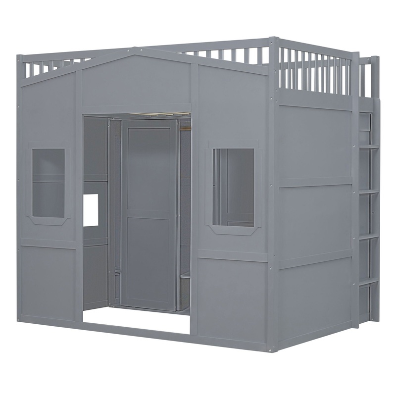 Full Size Loft Stylish Bed With Ladder And Wardrobe – Gray