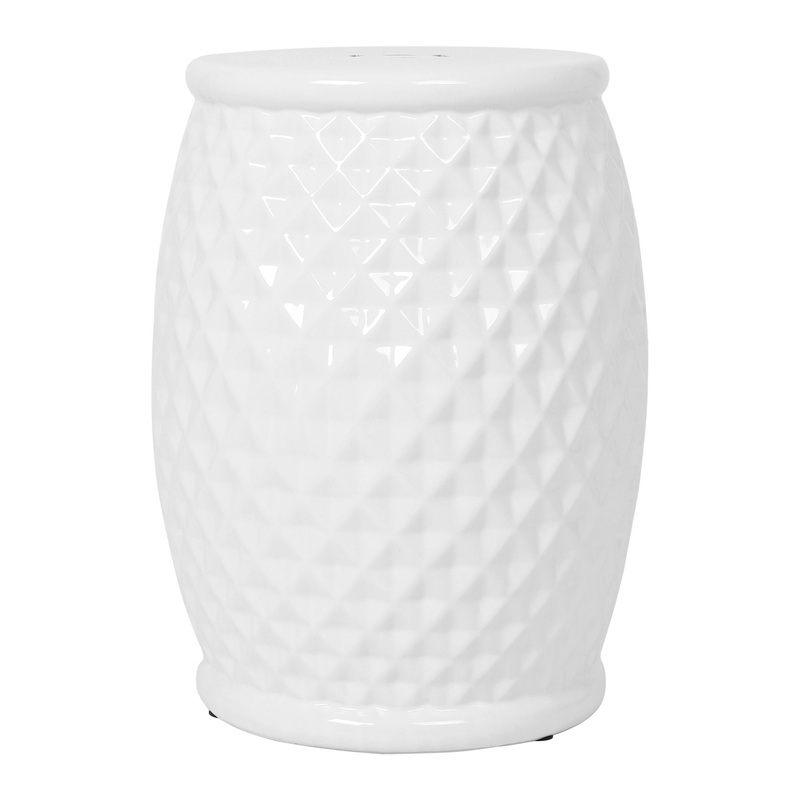 Glazed Ceramic Drum Stool Indoor / Outdoor Side Table Ceramic – White