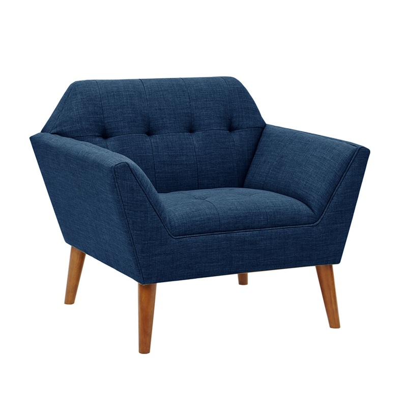 Mid – Century Lounge Chair With Button Tufting Polyester And Pecan Wood – Blue