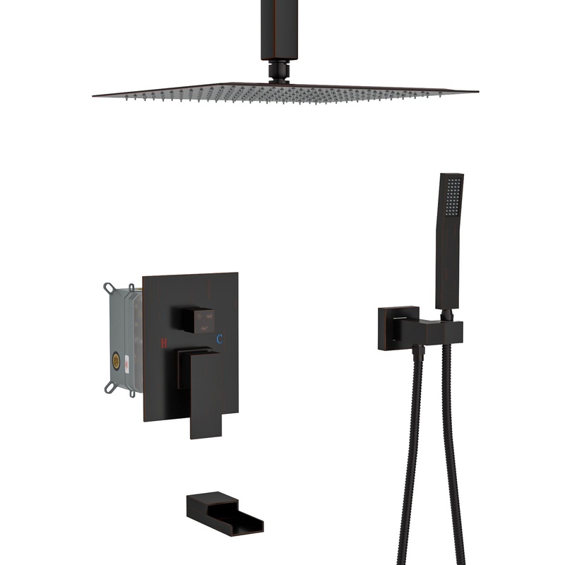 Modern Shower System With Waterfall Tub Spout, 12 Ceiling Mount Square Shower