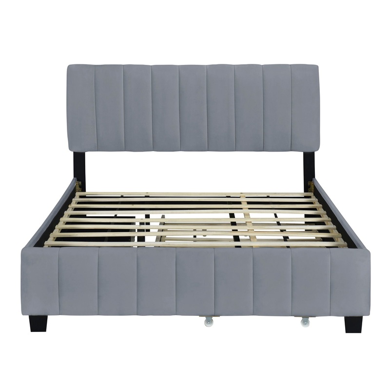 Queen Platform Contemporary Upholstered Bed With Drawers, Trundle – Gray