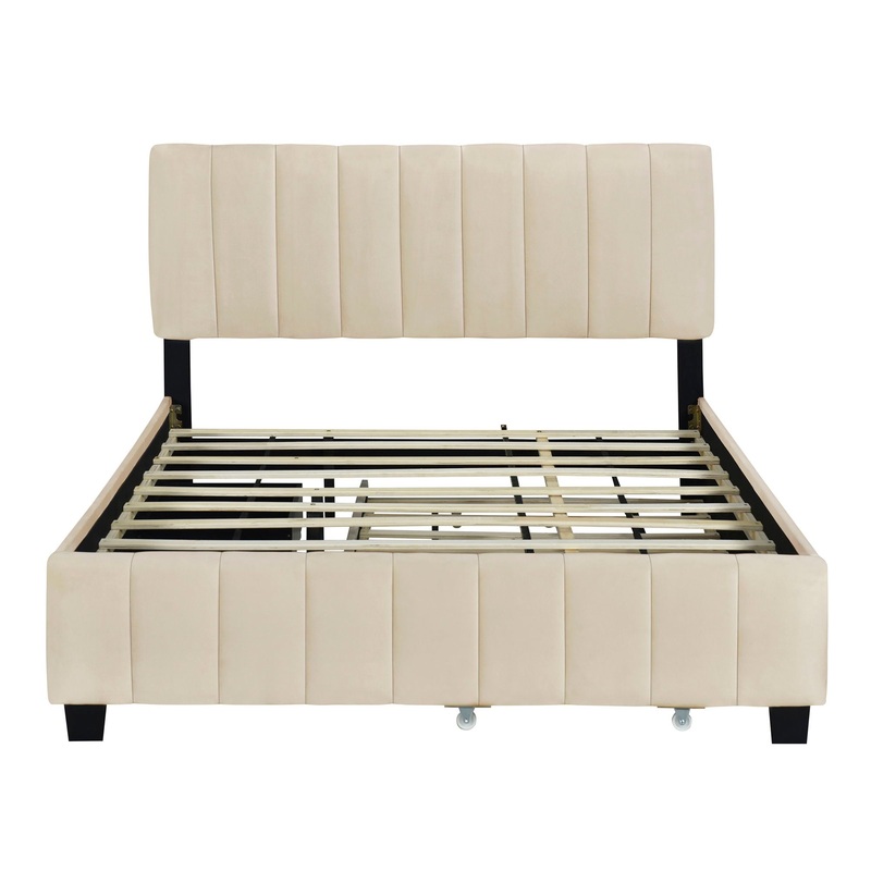 Queen Platform UpholsteredBed With 2 Drawers And Twin Long Trundle – Beige