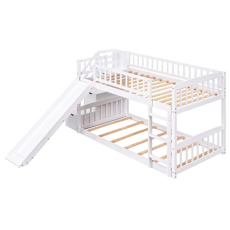 Twin Over Twin Stairway Bunk Bed & Two Drawers And Slide – White