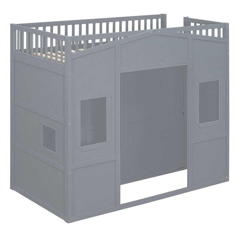 Twin Size House Loft Bed With Ladder And Wardrobe – Gray