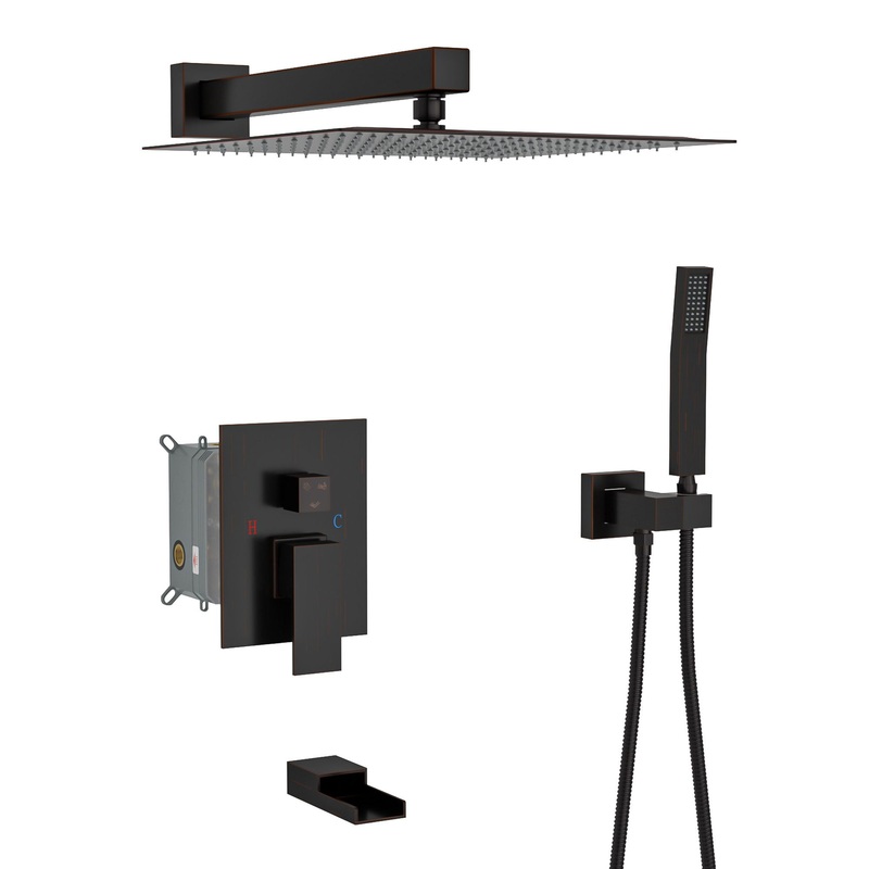 Wall Mounted Square Shower System With Waterfall Tub Spout And 12 Shower Head – Oil-Rubbed Bronze