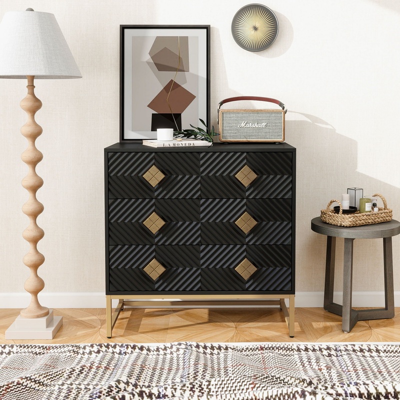 3 Drawer Storage Cabinet, 3 Drawer Modern Dresser, Chest Of Drawers With Decorative Embossed Pattern Door For Entryway, Living Room, Bed Room – Black