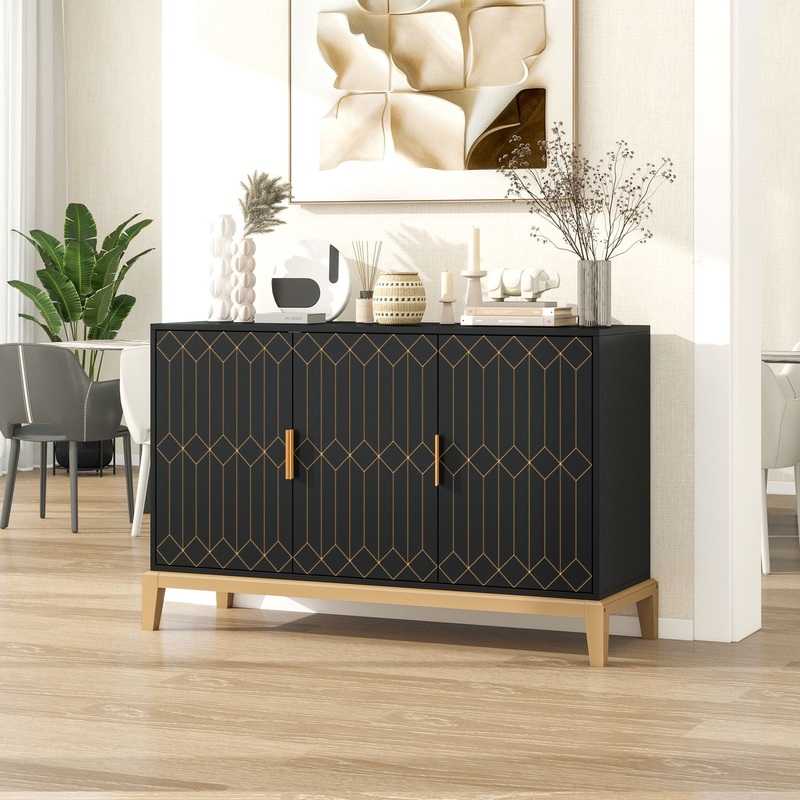 Carved Line 3 Door Storage Cabinet, Sideboard Buffet Cabinet With Adjustable Shelf, Large Storage Accent Cabinet For Living Room – Antique Black