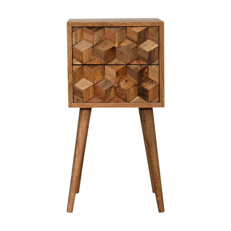 Mini Cube Carved 2 Drawer Nightstand – Oak