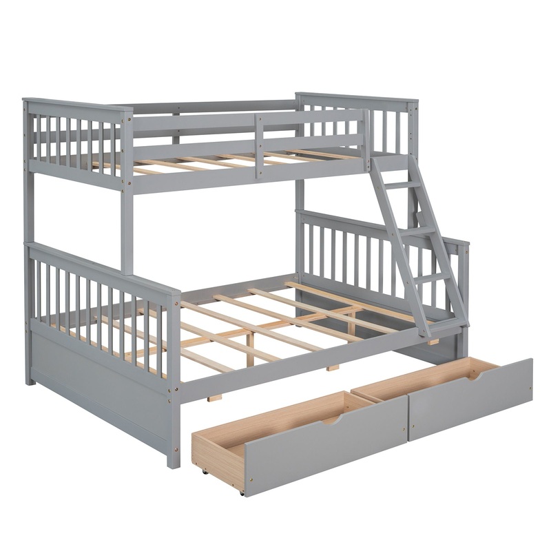 Twin Over Full Bunk Bed With Ladders And Two Storage Drawers – Gray
