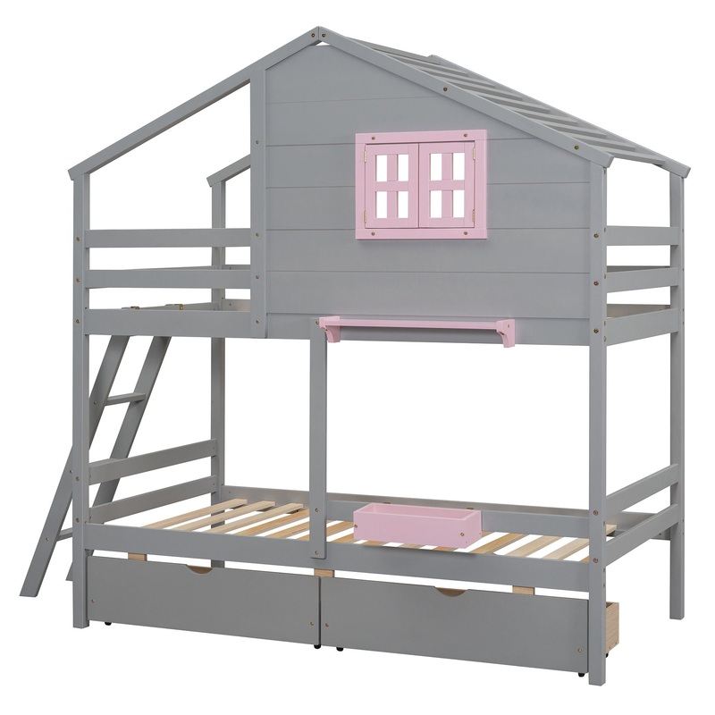 Twin Over Twin Bunk Bed With Drawers, Playhouse Inspired, Storage Box, Shelf, Window, And Roof – Gray