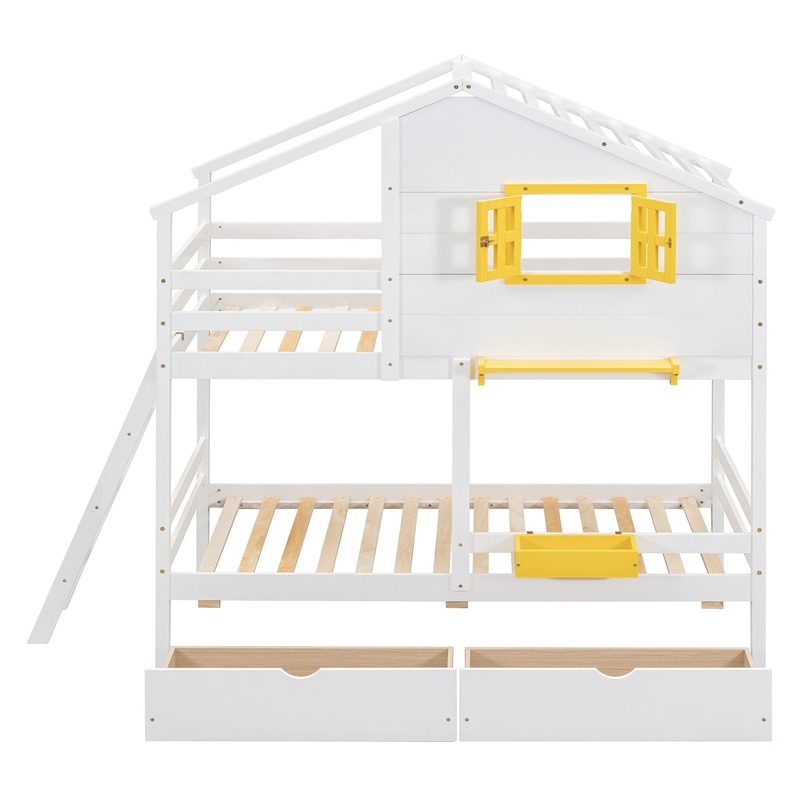 Twin Over Twin Bunk Bed With Playhouse Roof And Window – White